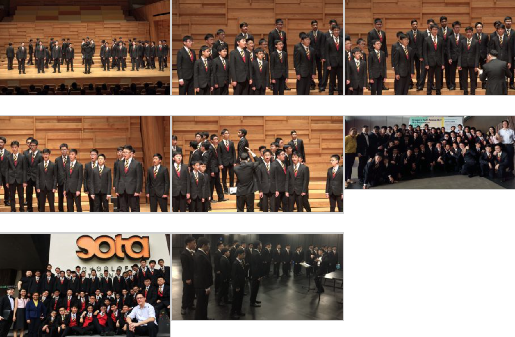 Boys in dark suits with red striped ties performing as a choir on stage, with group photos outside a SOTA building.
